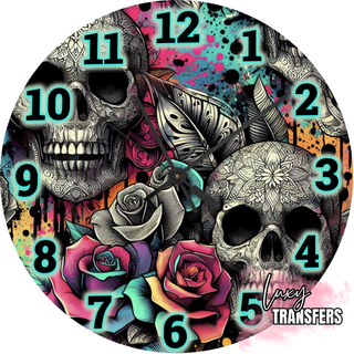 Lux Label & Co. SKULL N FLOWERS - 30CM CLOCK TRANSFER