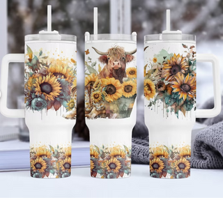 Lux Label & Co. Uv DTF Print Wraps HIGHLAND COW SUNFLOWERS- INSTOCK 40 OZ UV DTF WRAP