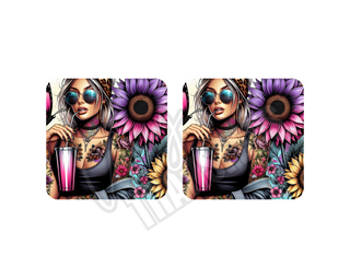 TATTOO GIRL WITH TUMBLER -  DRINK COASTER SUBLIMATION PRINT (SET OF 2)