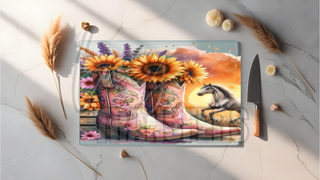 GLASS CUTTING BOARD SUBLIMATION PRINT- SUNFLOWER BOOTS AND HORSE