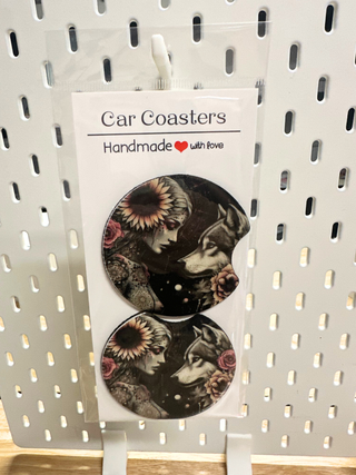 PRE MADE DRINK CAR COASTERS- LADY AND WOLF