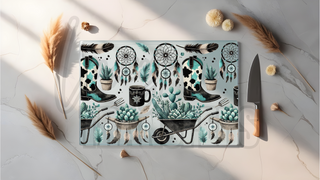 GLASS CUTTING BOARD SUBLIMATION PRINT- BOOTS AND WHEEL BARROW
