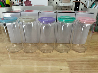 Lux Label & Co. 5 Pack (1 Of Each Colour) 16oz CLEAR GLASS CUP WITH COLOURED ACRYLIC LID- PRE ORDER