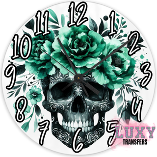 Lux Label & Co. GREEN FLOWER SKULL -30CM CLOCK TRANSFER