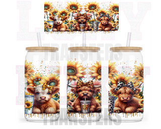 Lux Label & Co. Uv DTF Print Wraps BABY HIGHLAND COWS WITH SUNFLOWER BOWS- INSTOCK 16 OZ UV DTF WRAP