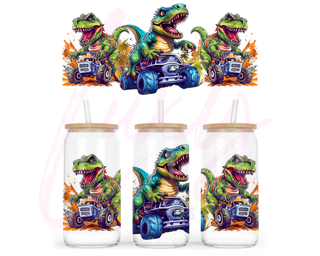 Lux Label & Co. Uv DTF Print Wraps DINOSAURS ON MONSTER TRUCKS- INSTOCK 16 OZ UV DTF WRAP