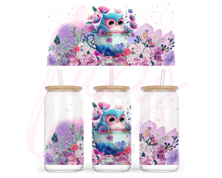 Lux Label & Co. Uv DTF Print Wraps WATERCOLOUR OWL IN TEA CUP- INSTOCK 16 OZ UV DTF WRAP